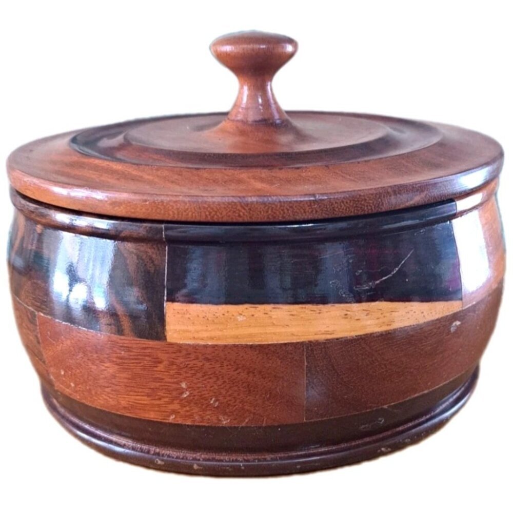 Unmarked Handmade Teak Wood Marquetry Round Bowl With Lid Boho Farmhouse